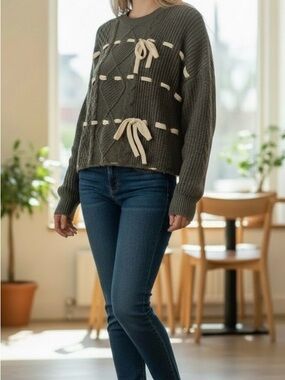 Green Crewneck Sweater with Cream Ribbon Accents
